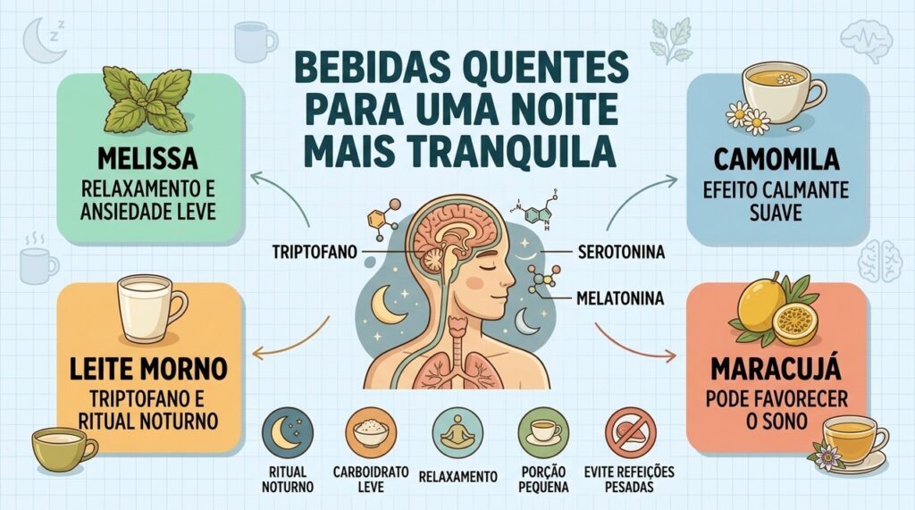 Bebidas quentes, pequenos lanches e rotina consistente podem favorecer um sono mais tranquilo.