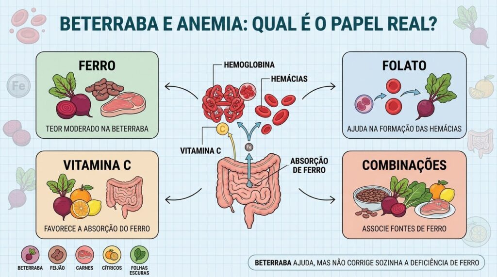 Ferro, folato, vitamina C e boas combinações explicam o papel da beterraba na anemia.
