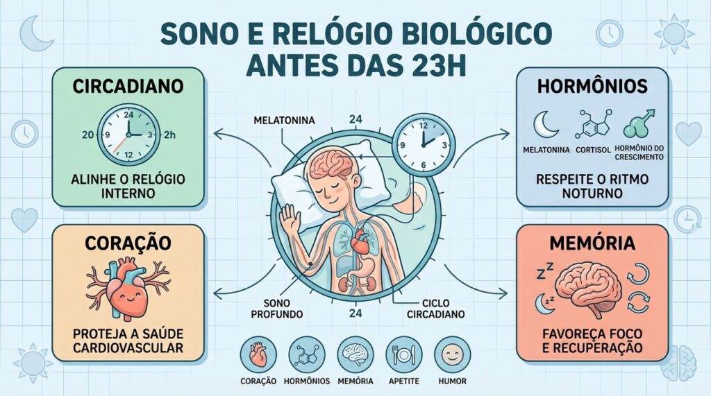 Dormir regularmente em horários adequados favorece o relógio biológico e diversos processos corporais.