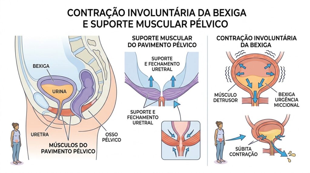 A contração involuntária da bexiga pode provocar urgência para urinar mesmo antes de ela estar completamente cheia.
