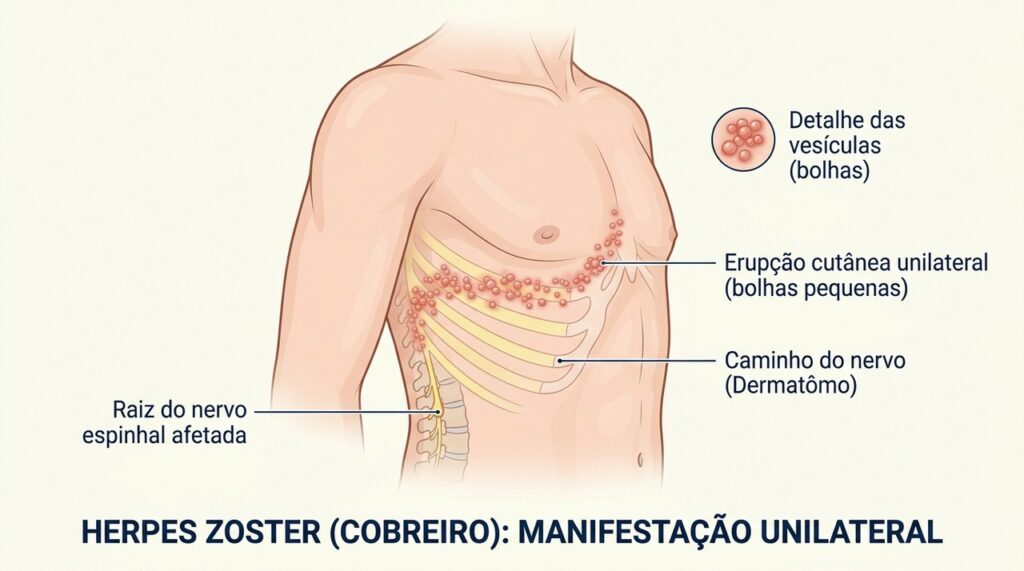 No cobreiro, as bolhas costumam surgir em uma faixa limitada a um lado do corpo, acompanhando o trajeto de um nervo.