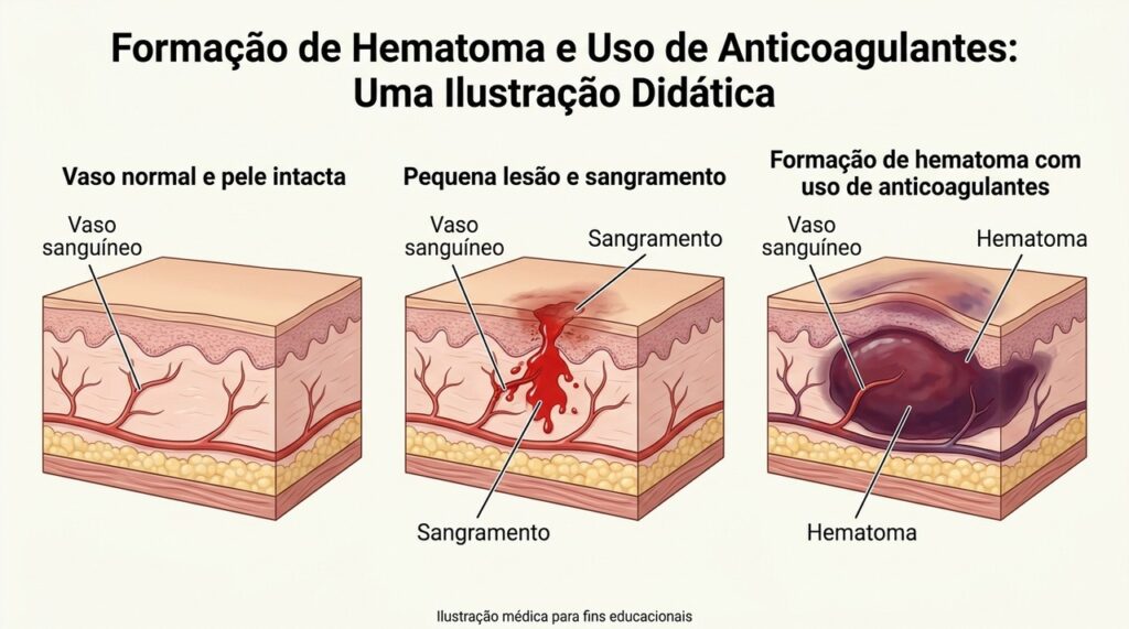 Anticoagulantes podem facilitar hematomas porque reduzem a capacidade do sangue de formar coágulos.