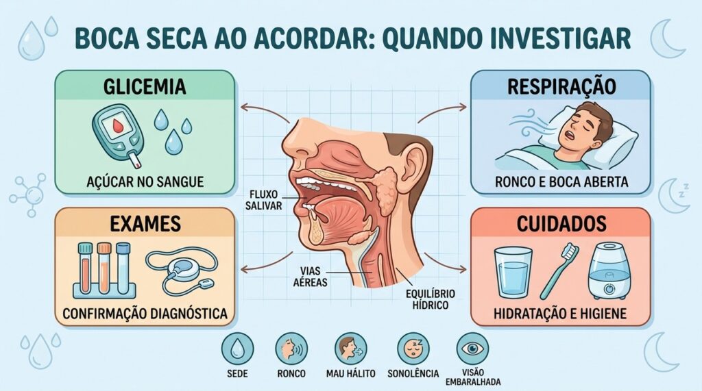 Glicemia, respiração, exames e cuidados ajudam a investigar a xerostomia matinal.