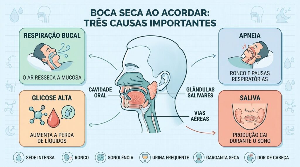 Respiração bucal, apneia, glicose elevada e pouca saliva explicam a secura matinal.