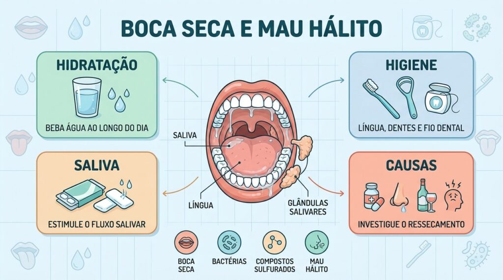 A boca seca pode estar por trás do mau hálito, mesmo com boa escovação. Entenda como a saliva controla bactérias e o que ajuda a reduzir o cheiro.