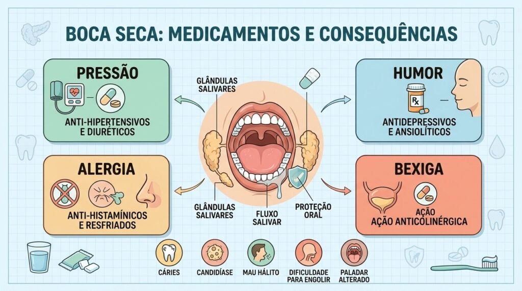 Medicamentos, menor salivação e cuidados diários influenciam diretamente a saúde da boca.