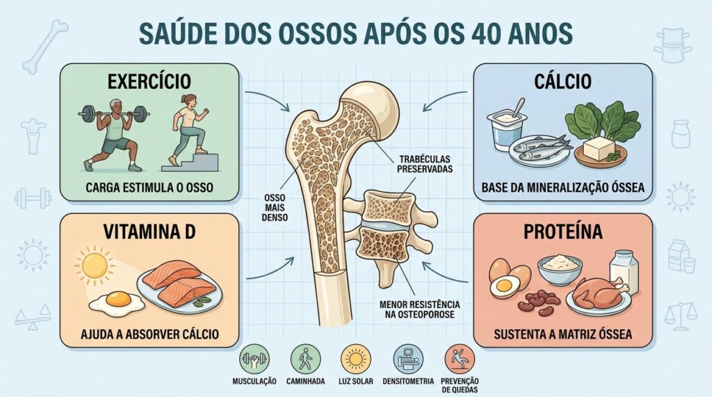 Exercício, cálcio, vitamina D e proteína sustentam a saúde óssea após os 40.