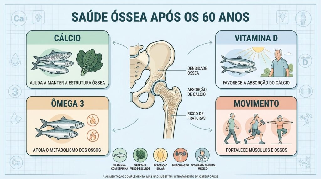 Cálcio, vitamina D, ômega 3 e movimento sustentam a saúde óssea.