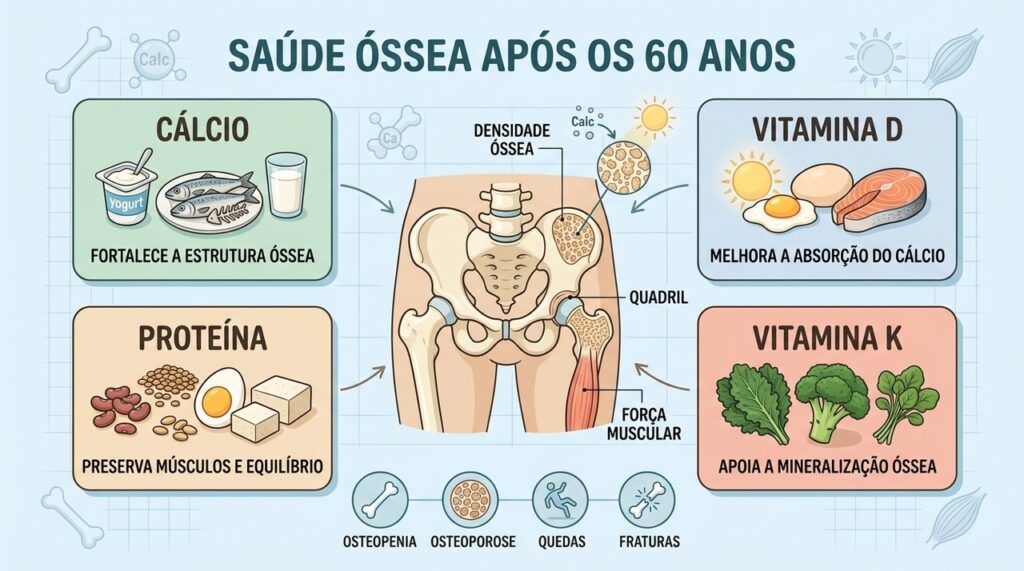 Cálcio, vitamina D, proteína e vitamina K formam pilares da proteção óssea.
