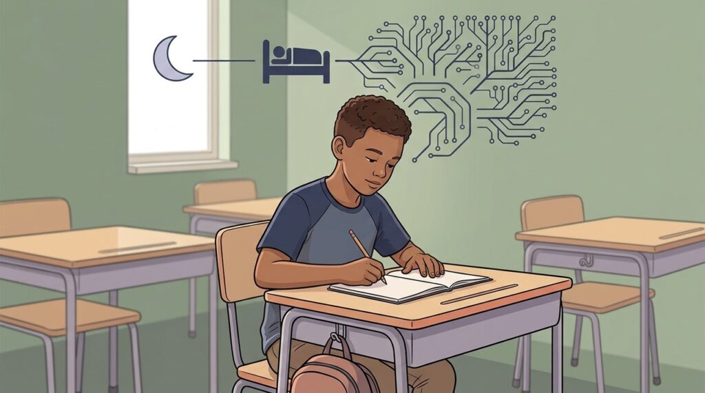 Dormir o necessário favorece concentração, memória e rendimento escolar ao longo do dia.