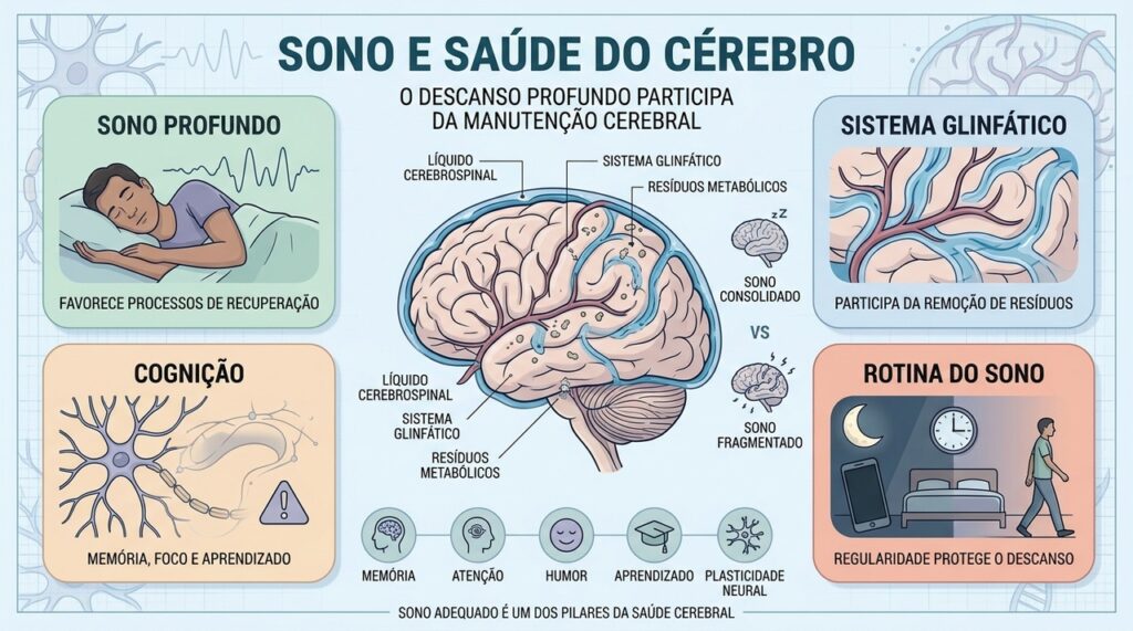 Sono profundo, sistema glinfático, cognição e rotina sustentam a saúde cerebral.