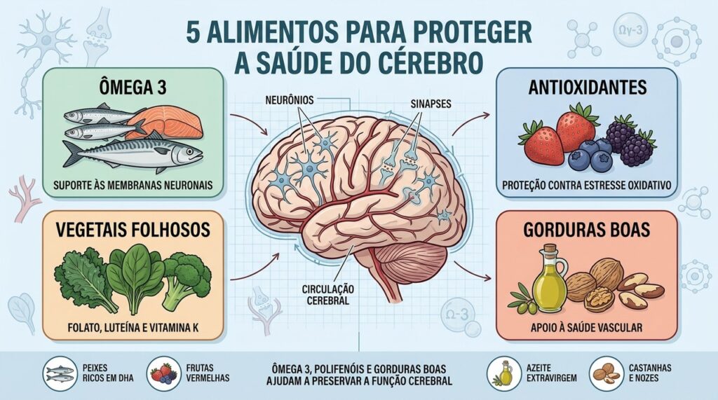 Ômega 3, antioxidantes, vegetais e gorduras boas apoiam a saúde cerebral.