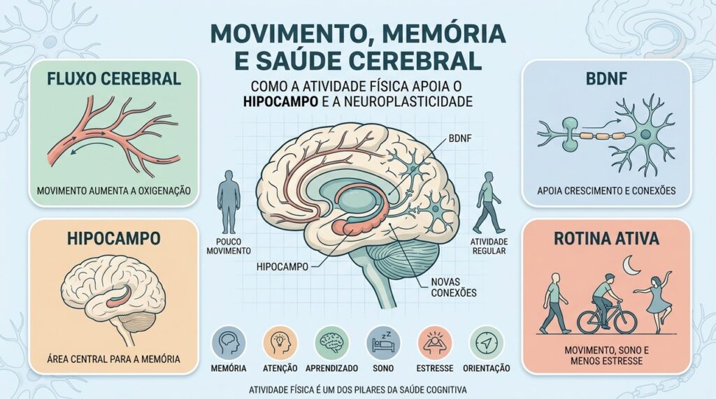 Fluxo cerebral, BDNF, hipocampo e rotina ativa sustentam memória e neuroplasticidade.