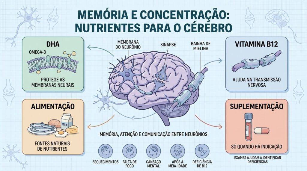 DHA, B12, alimentação e avaliação orientam o cuidado com a cognição.