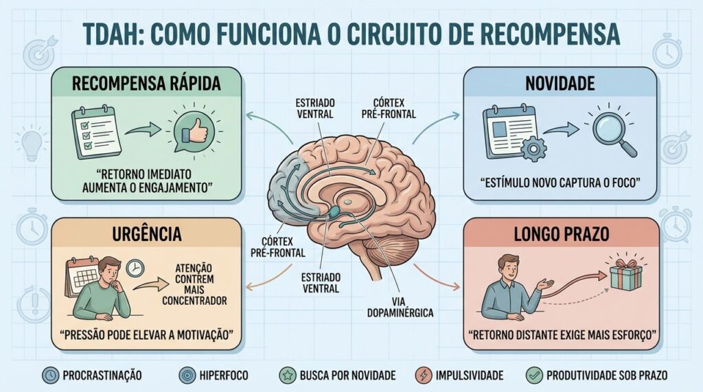 Recompensa rápida, novidade, urgência e prazo moldam a motivação no TDAH adulto.
