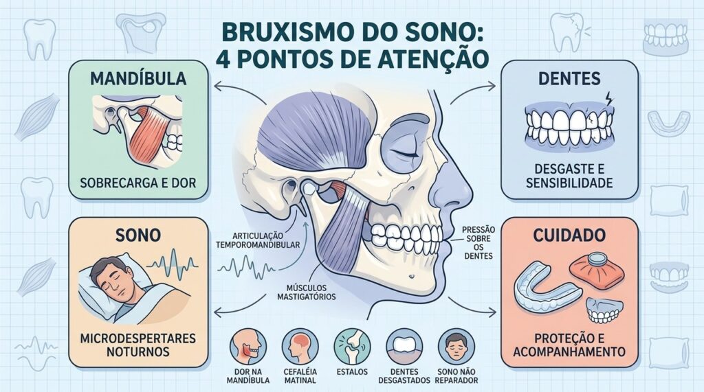 Mandíbula, dentes, sono e acompanhamento explicam os principais impactos do bruxismo.