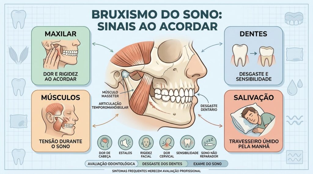 Dor mandibular, desgaste dentário, tensão muscular e salivação ajudam a investigar bruxismo.