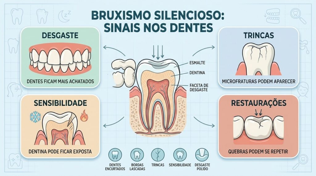 Desgaste, trincas, sensibilidade e restaurações quebradas podem indicar bruxismo silencioso.