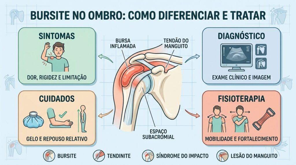 Sintomas, diagnóstico, cuidados e fisioterapia orientam o tratamento correto da bursite no ombro.