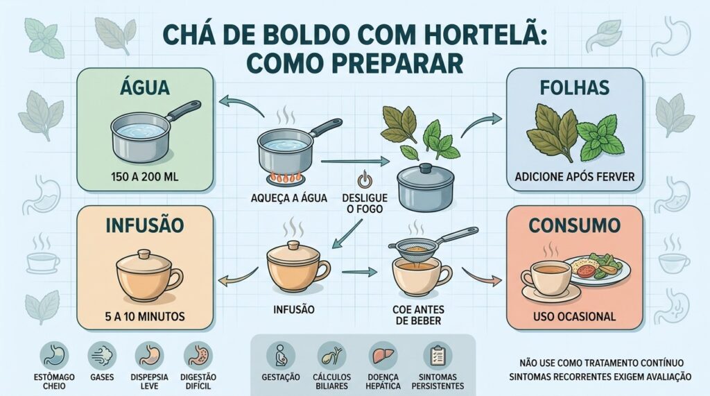 Chá de boldo com hortelã pode aliviar gases, estômago cheio e digestão difícil. Saiba como fazer a infusão e por que o consumo deve ser apenas ocasional.