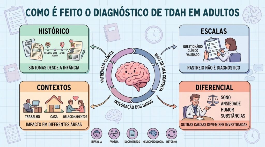 Histórico, escalas, contextos e diagnóstico diferencial estruturam a avaliação do TDAH adulto.