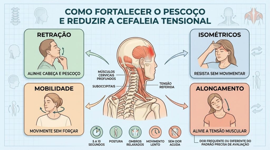 Retração, isometria, mobilidade e alongamento ajudam a aliviar a tensão cervical.