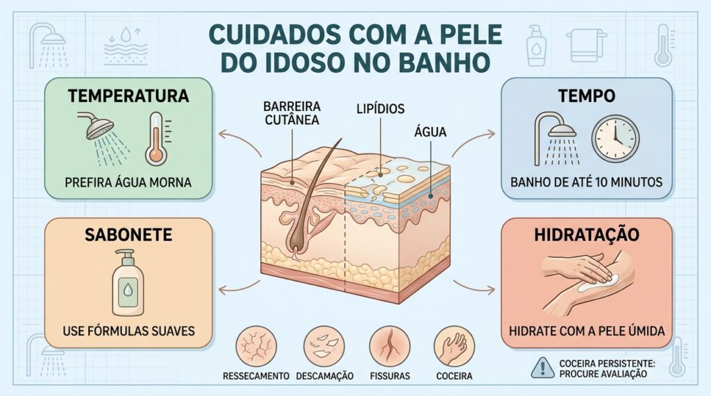Temperatura, tempo, sabonete e hidratação são pilares para proteger a pele madura no banho.
