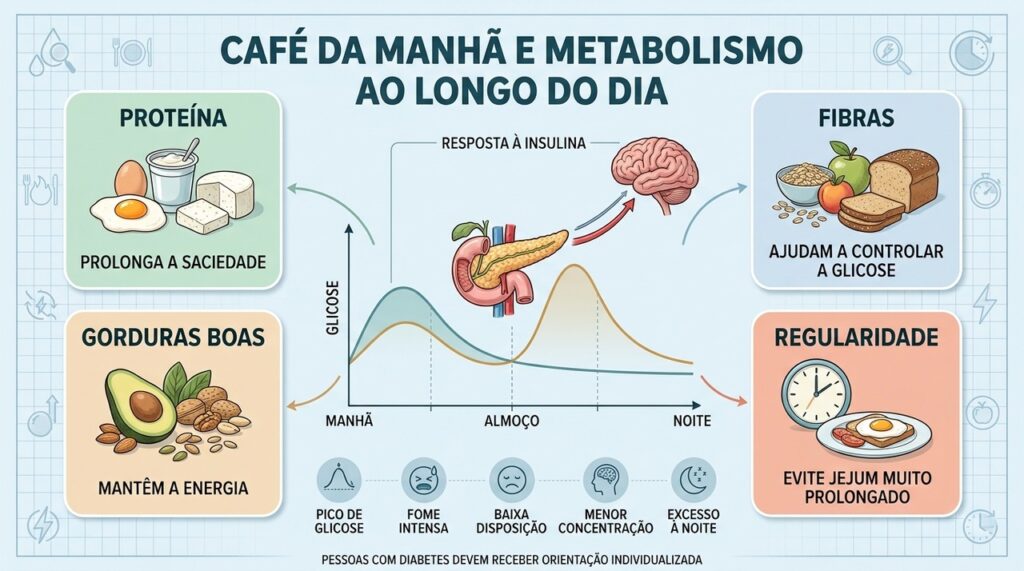 Proteínas, fibras, gorduras boas e regularidade favorecem saciedade e controle glicêmico.