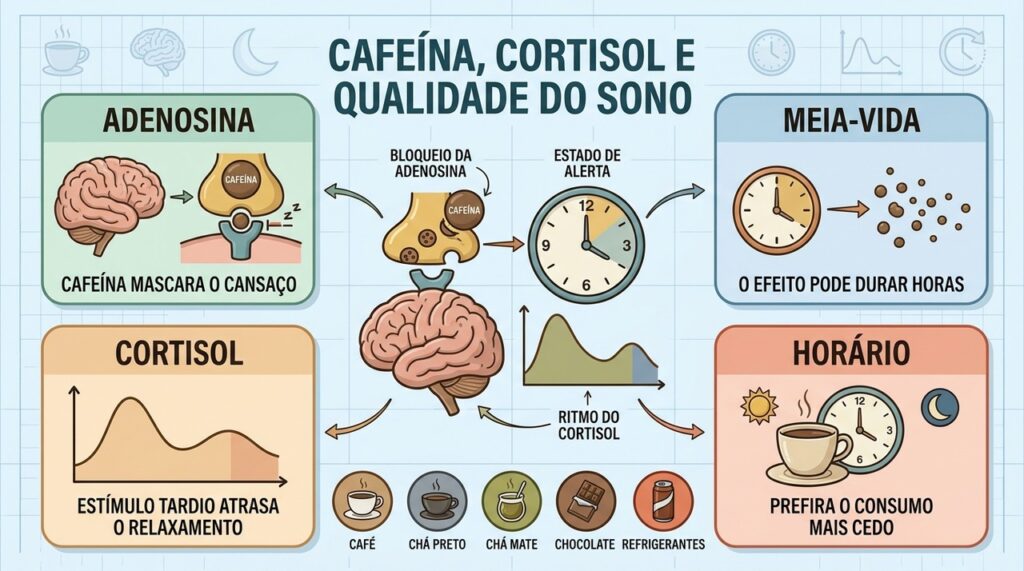 Adenosina, meia-vida, cortisol e horário explicam como a cafeína afeta o sono.