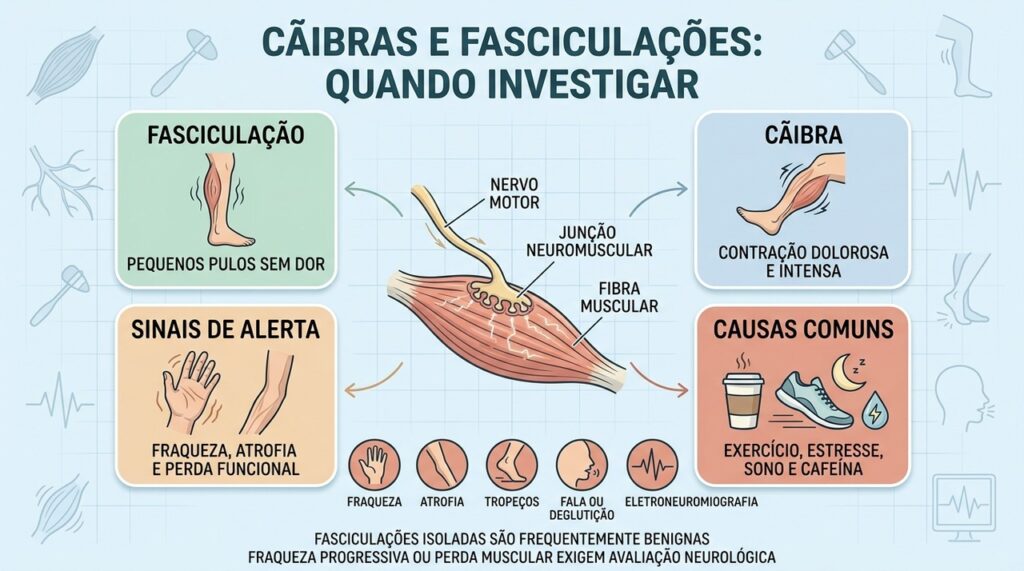 Cãibra, fasciculação e sinais de alerta ajudam a orientar a investigação neurológica.