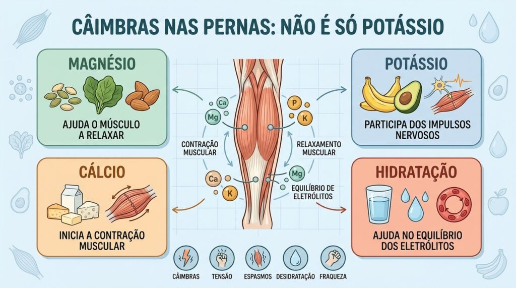 Magnésio, potássio, cálcio e hidratação ajudam a regular contração e relaxamento muscular.