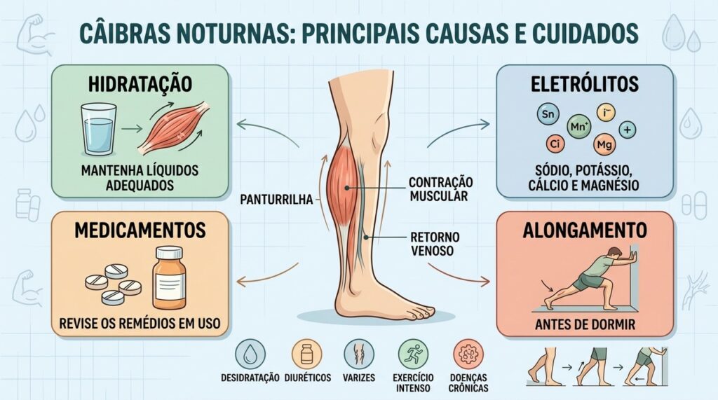 Hidratação, medicamentos, eletrólitos e alongamento ajudam a investigar cãibras noturnas.