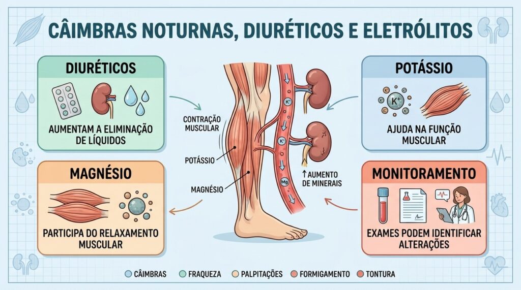 Diuréticos, potássio, magnésio e monitoramento explicam parte das câimbras noturnas.