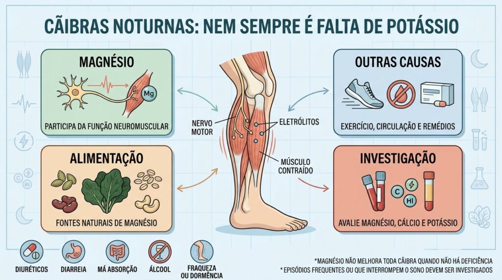 Magnésio, outras causas, alimentação e exames ajudam a investigar cãibras noturnas.