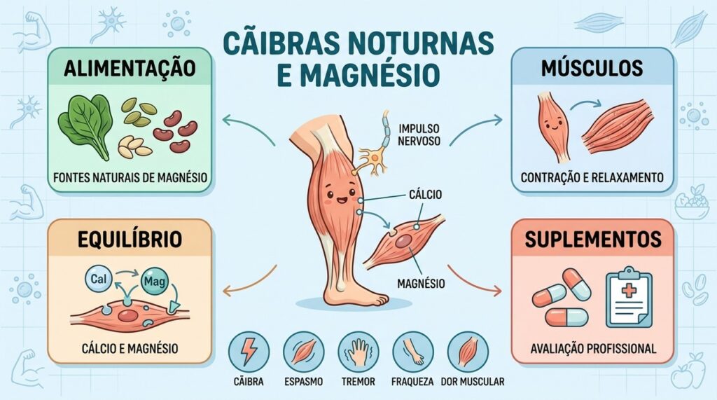 Quatro pilares explicam a relação entre magnésio, cálcio, músculos e cãibras noturnas.
