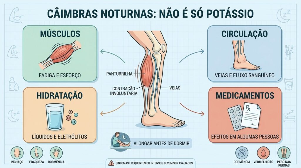 Quatro fatores ajudam a explicar câimbras: músculos, circulação, hidratação e medicamentos.