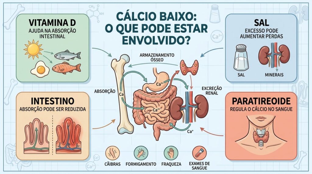 Vitamina D, intestino, rins e paratireoide participam diretamente do equilíbrio do cálcio.