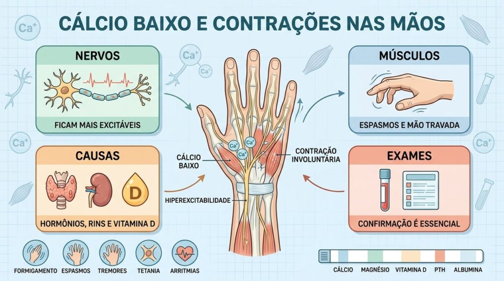 Cálcio baixo aumenta a excitabilidade neuromuscular e exige confirmação por exames laboratoriais.
