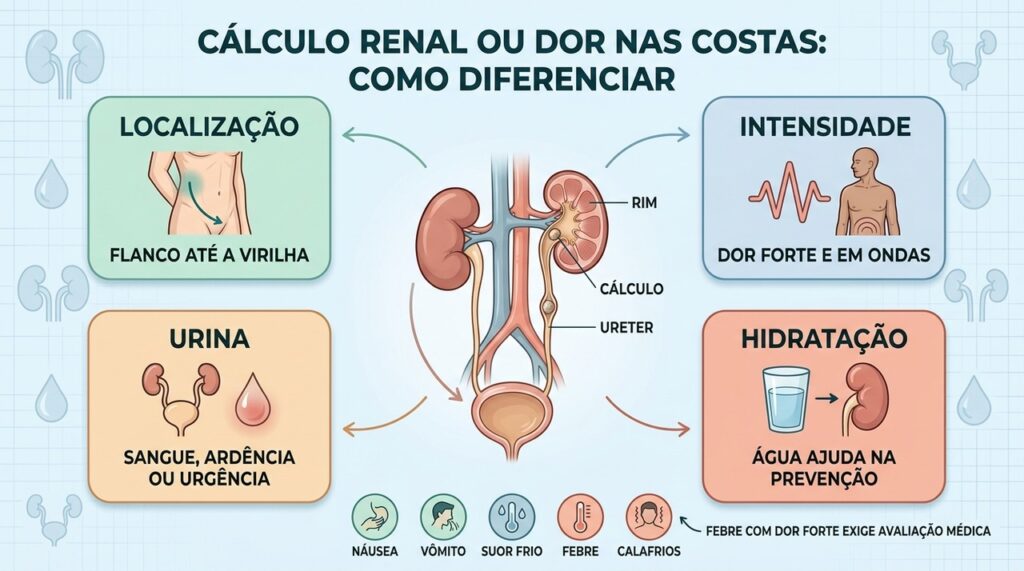 Localização, intensidade, alterações urinárias e hidratação ajudam a reconhecer o cálculo renal.