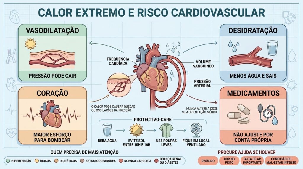 Vasodilatação, desidratação e maior esforço cardíaco explicam o risco nos dias extremos.