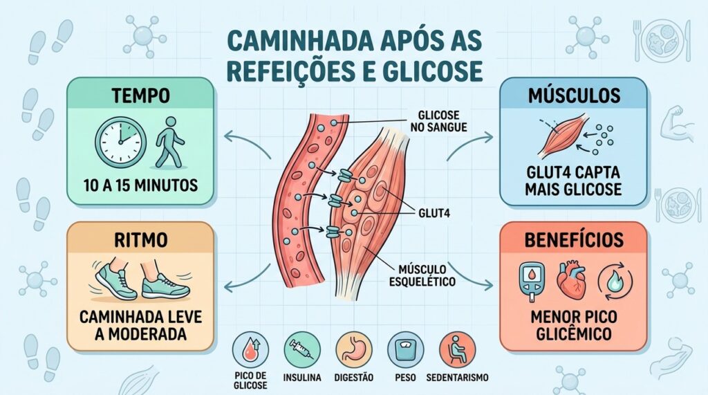 Tempo, ritmo e ação muscular explicam como a caminhada pós-refeição influencia a glicemia.