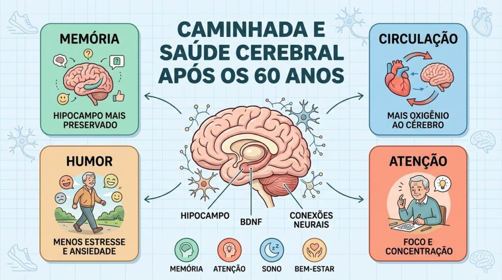 Caminhada regular favorece circulação cerebral, memória, atenção, humor e qualidade do sono após os 60.