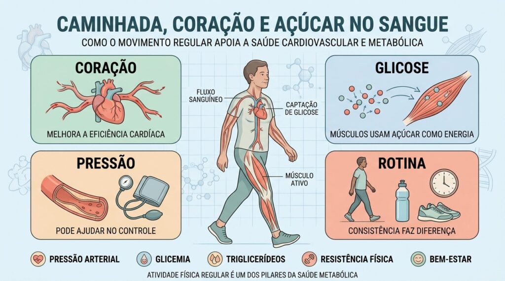 Coração, glicose, pressão e rotina explicam os principais benefícios da caminhada regular.