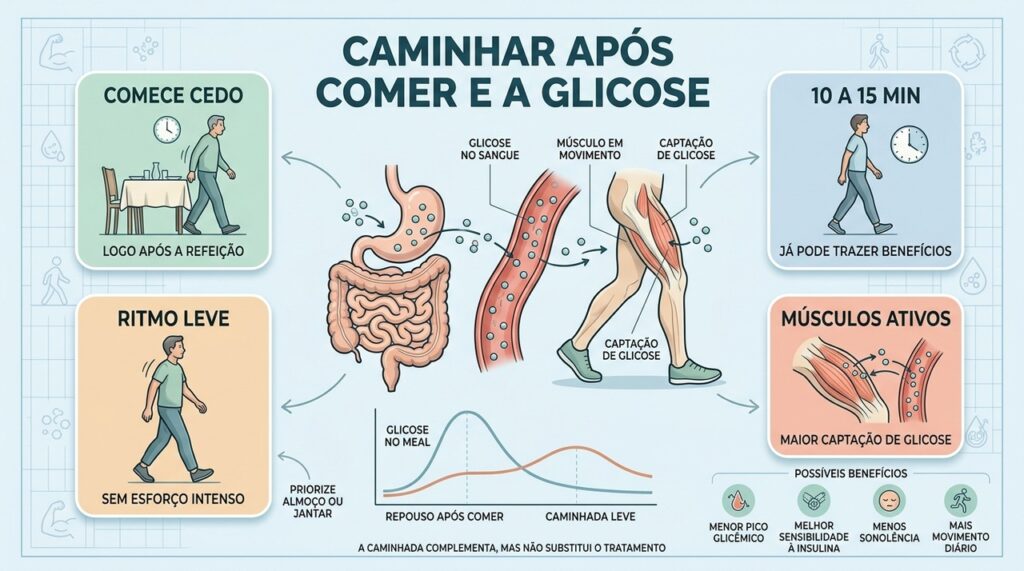 Movimento leve após comer favorece captação muscular e reduz o pico de glicose.
