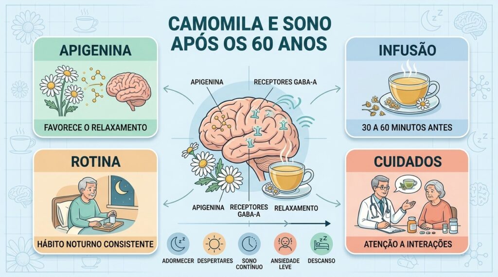 Apigenina, infusão e rotina noturna podem apoiar o descanso, sem substituir tratamento médico.