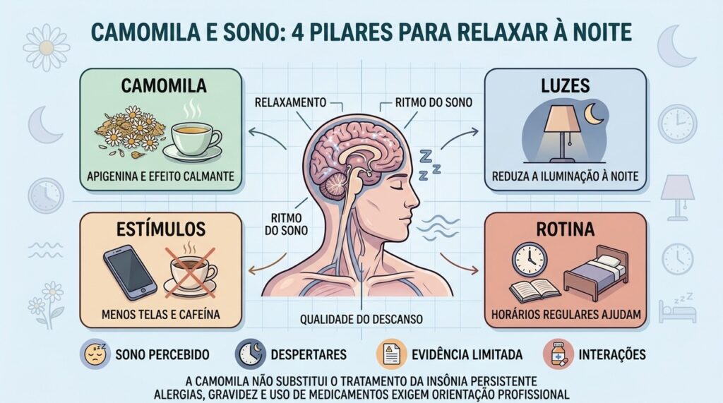 Camomila, menos estímulos, luz baixa e rotina regular favorecem o relaxamento noturno.