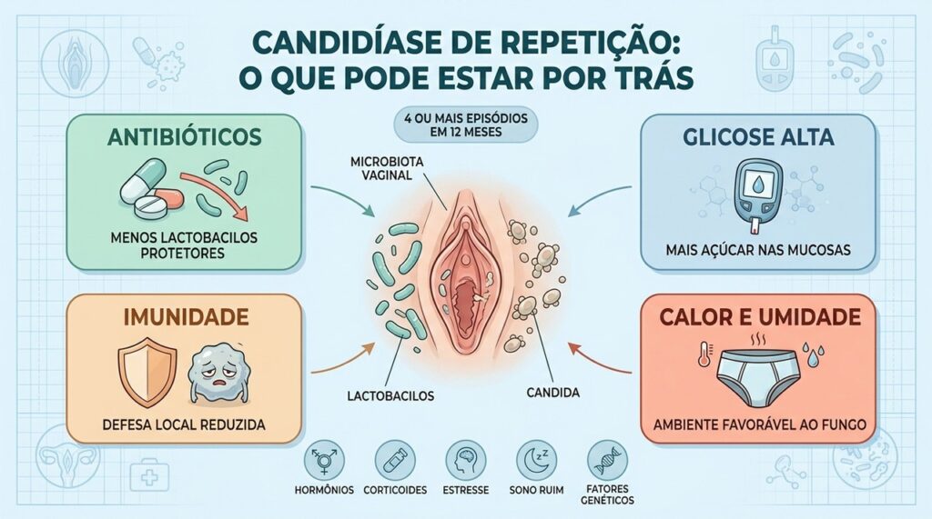 Antibióticos, glicose, imunidade e umidade podem alterar o equilíbrio da microbiota vaginal.