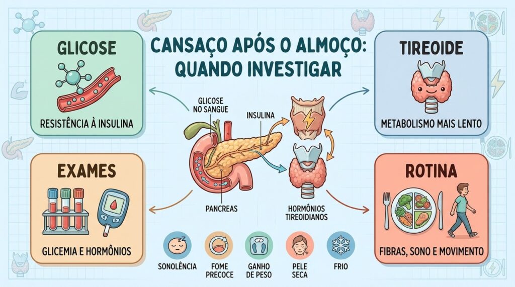 Glicose, tireoide, exames e hábitos ajudam a investigar a sonolência pós-almoço recorrente.