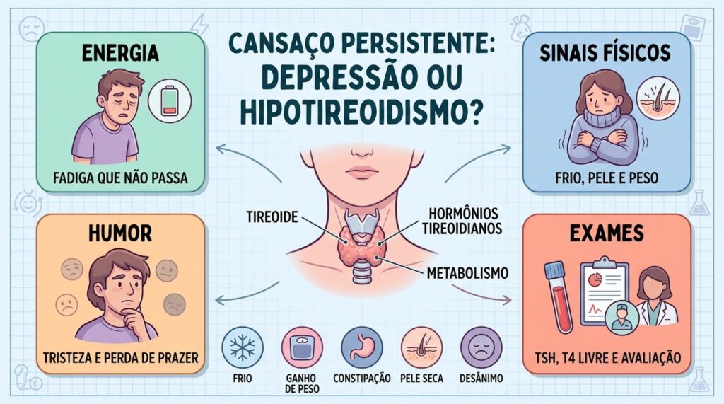 Sintomas físicos e emocionais ajudam a orientar a investigação entre depressão e hipotireoidismo.