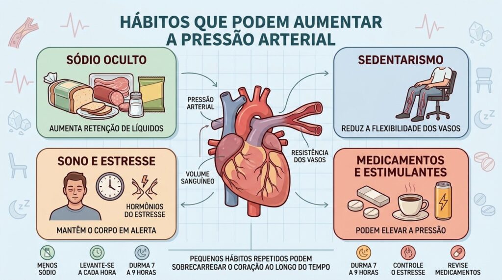 Sódio, sedentarismo, sono ruim e estimulantes podem favorecer pressão arterial elevada.